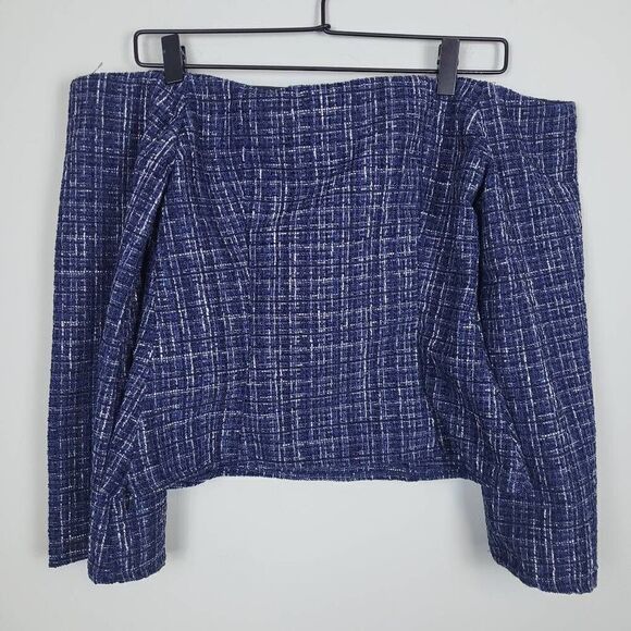 Zara Women's Blue Tweed Textured Off the Shoulder Top Long Sleeve Size Small - Picture 3 of 10